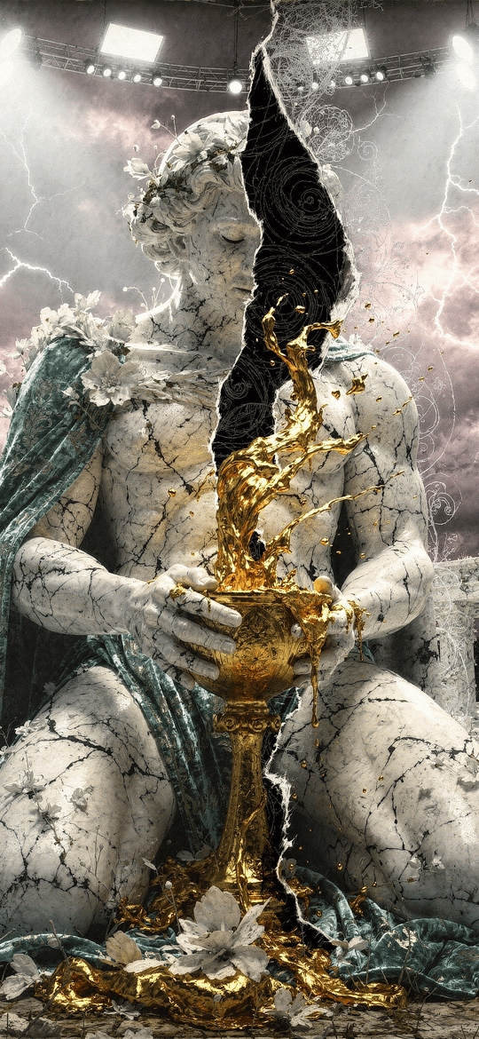 Cracked Marble Statue with Golden Chalice