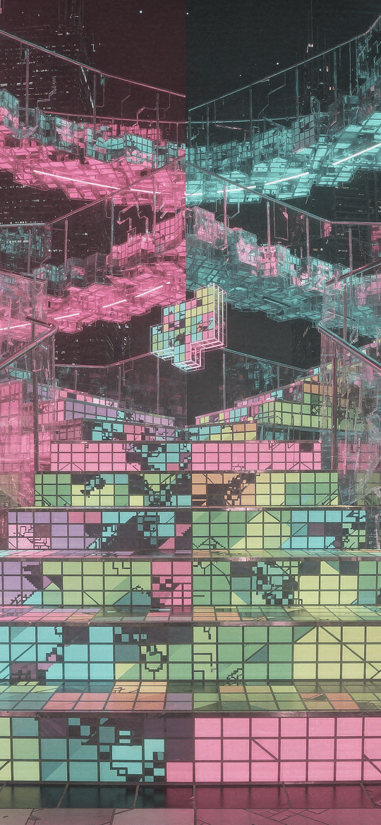 Pastel Pixel Staircase with Floating Glass Loops