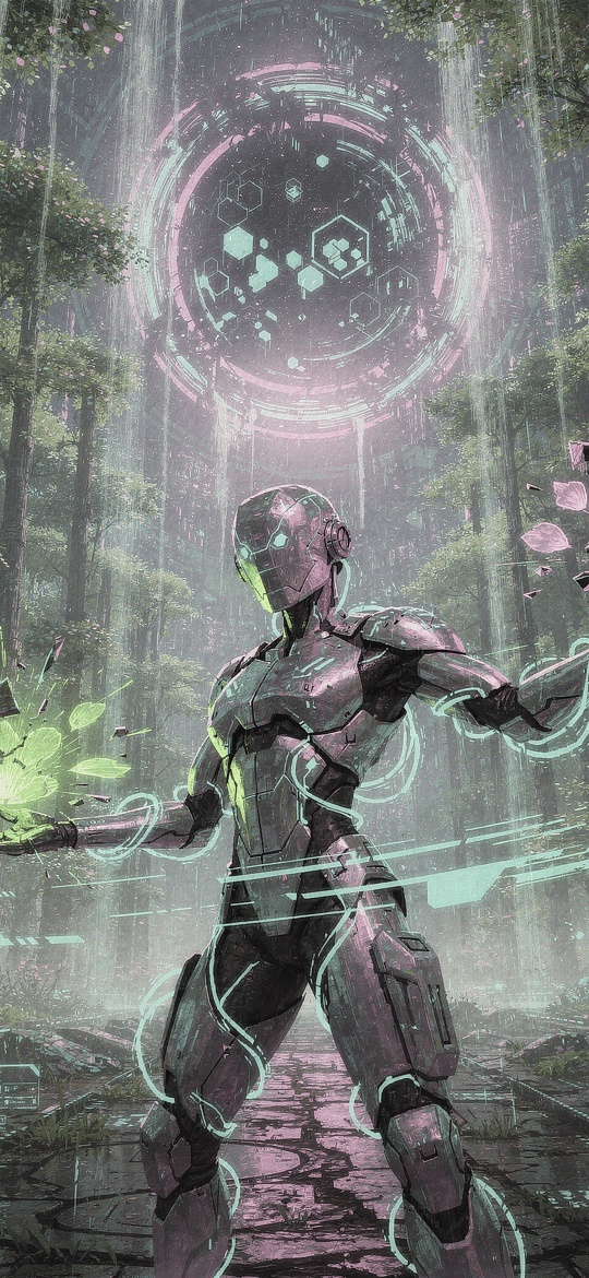 Android Casting Holographic Lotus Flowers in a Forest