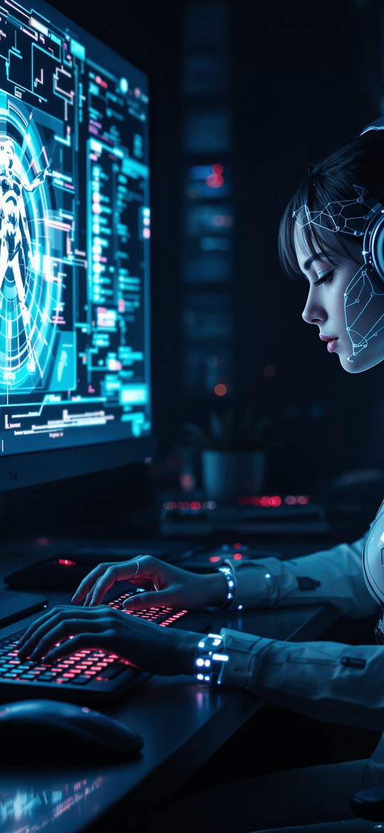 Cyborg Woman at Neon Computer Workstation