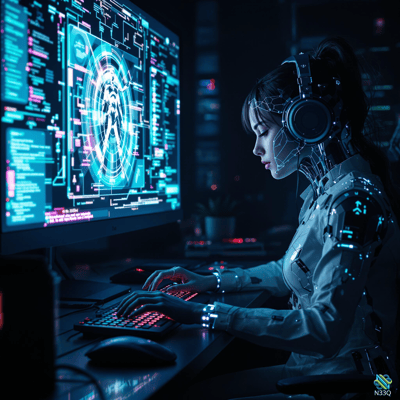 Cyborg Woman at Neon Computer Workstation