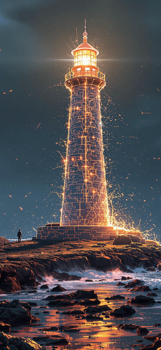 Glowing Lighthouse Sparks on Rocky Coast