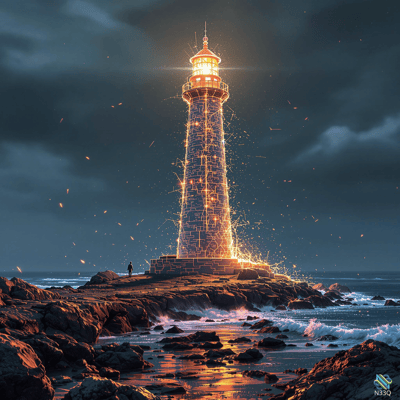 Glowing Lighthouse Sparks on Rocky Coast