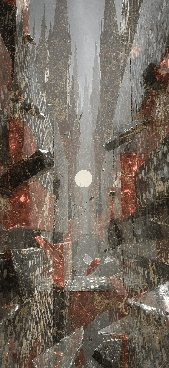 Looking Up a Canyon of Red Marble Towers