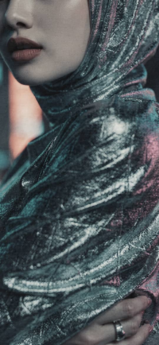Woman in Metallic Hijab at Night