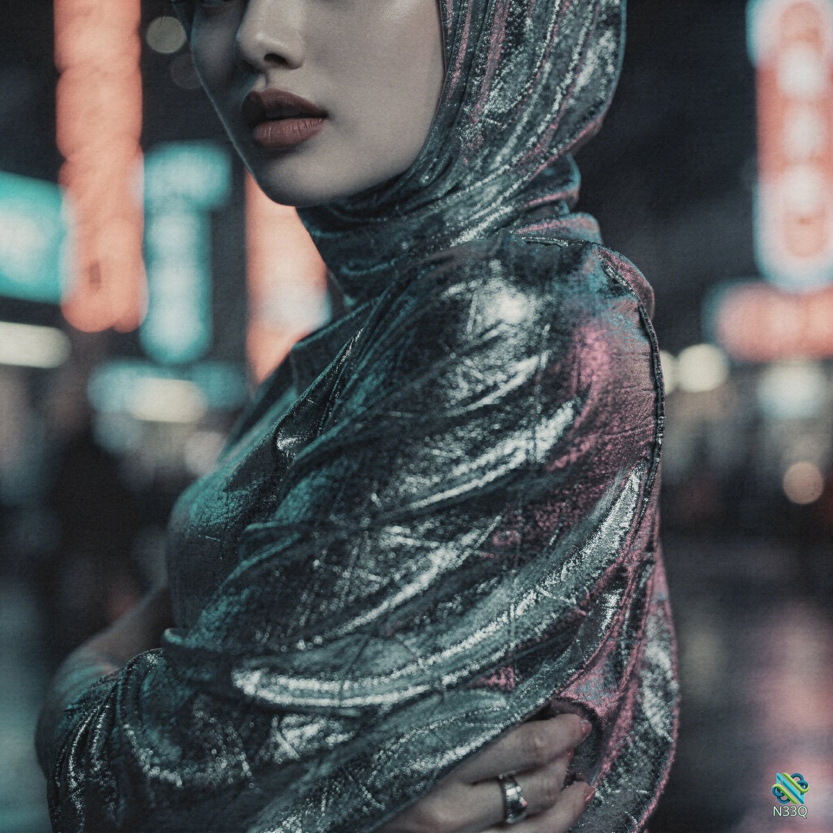Woman in Metallic Hijab at Night