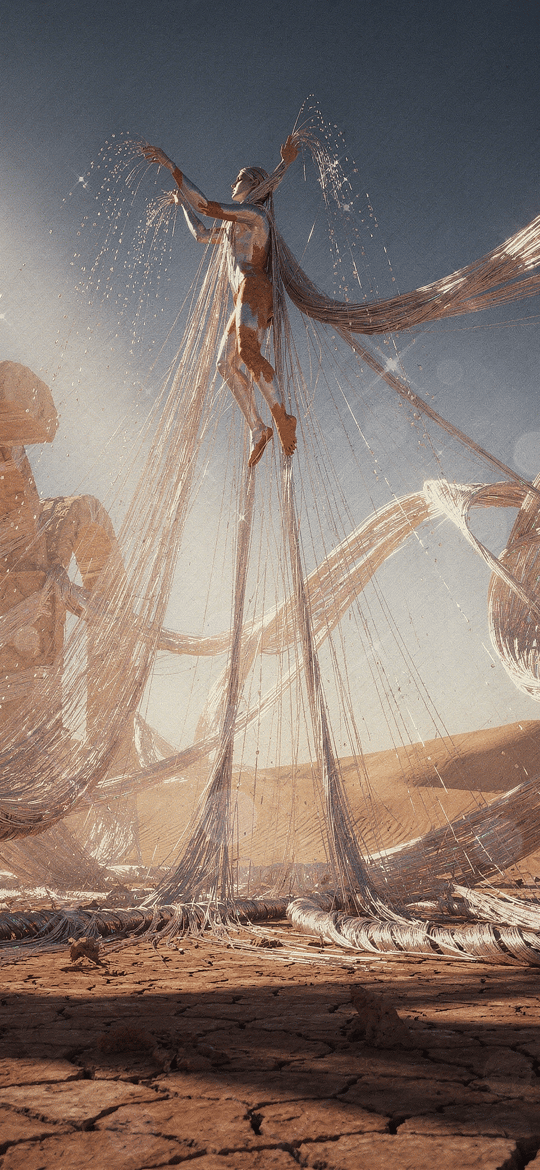 Figure Held Aloft by Silk Strands over Desert Arches