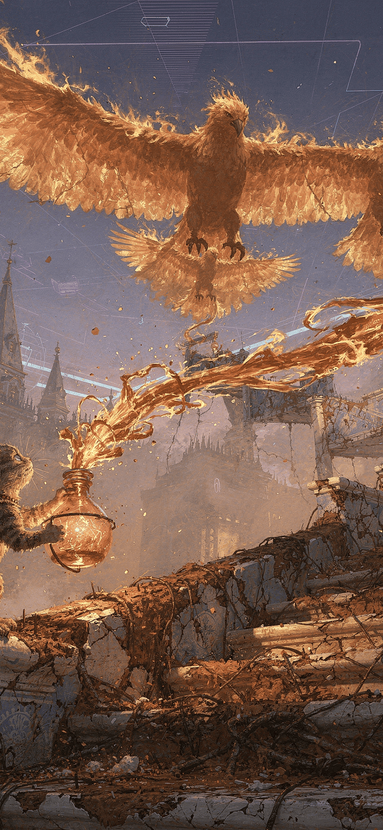 Cat Summoning Fiery Phoenix Over Ruins