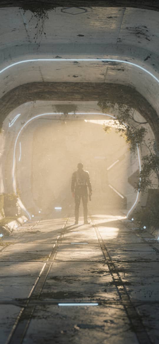 Silhouetted Figure in Overgrown Neon Tunnel