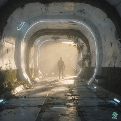 Silhouetted Figure in Overgrown Neon Tunnel
