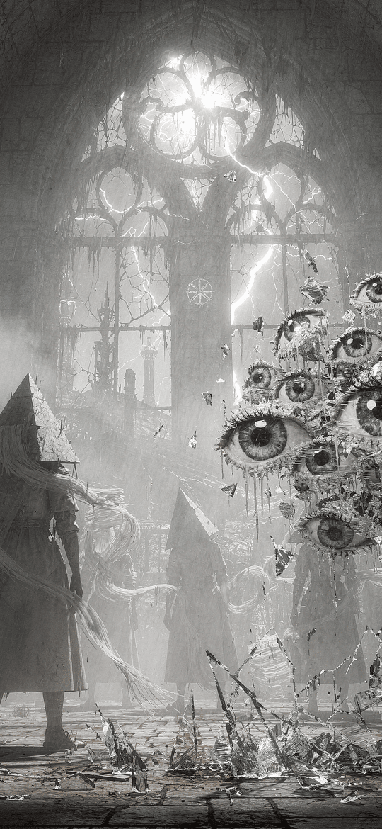 Hooded Figure with Floating Eyes in Cathedral