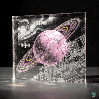 Pink Cracked Planet Over Cityscape