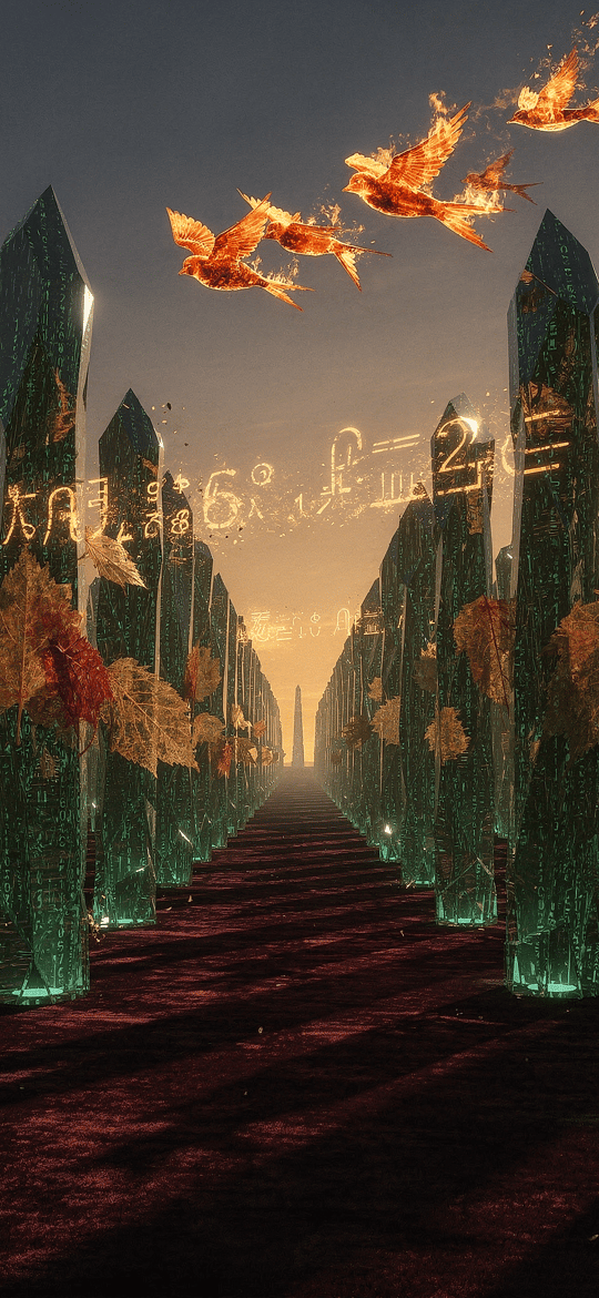 Avenue of Green Code Obelisks with Flaming Birds