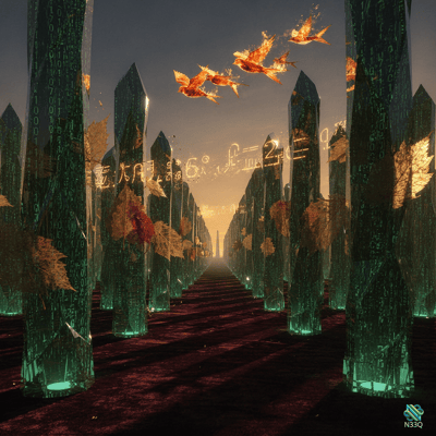 Avenue of Green Code Obelisks with Flaming Birds