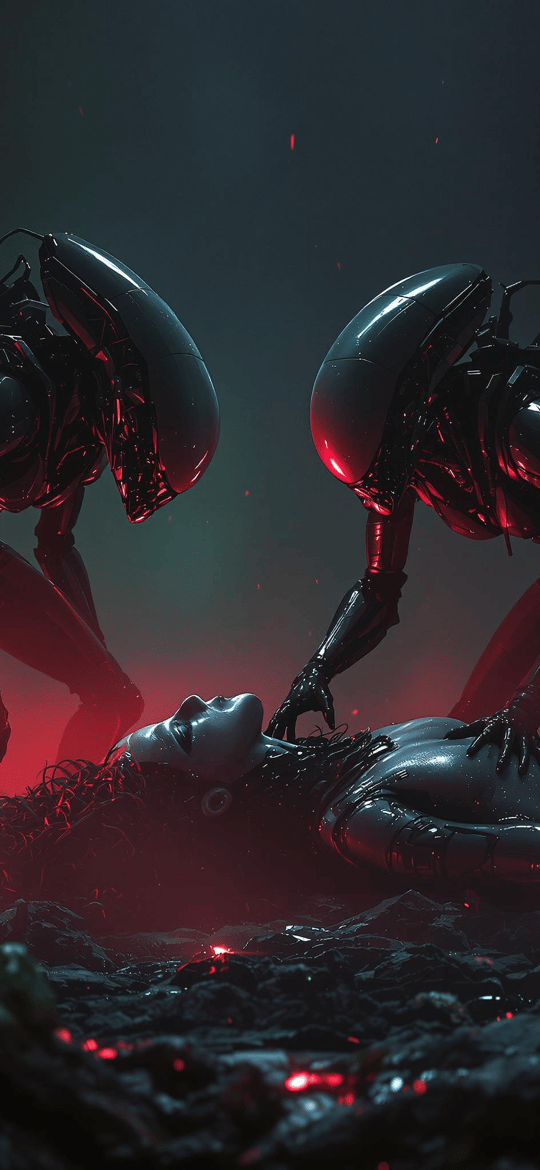 Xenomorphs Over Fallen Woman on Rocks