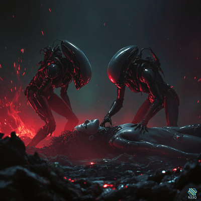 Xenomorphs Over Fallen Woman on Rocks