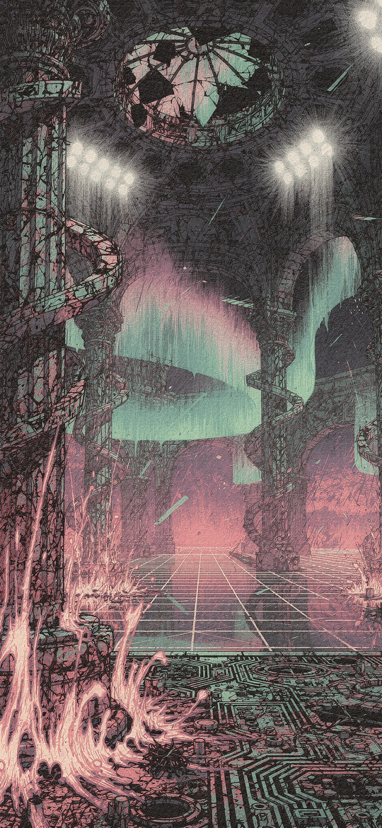 Ruined Hall with Glowing Vines and Flames