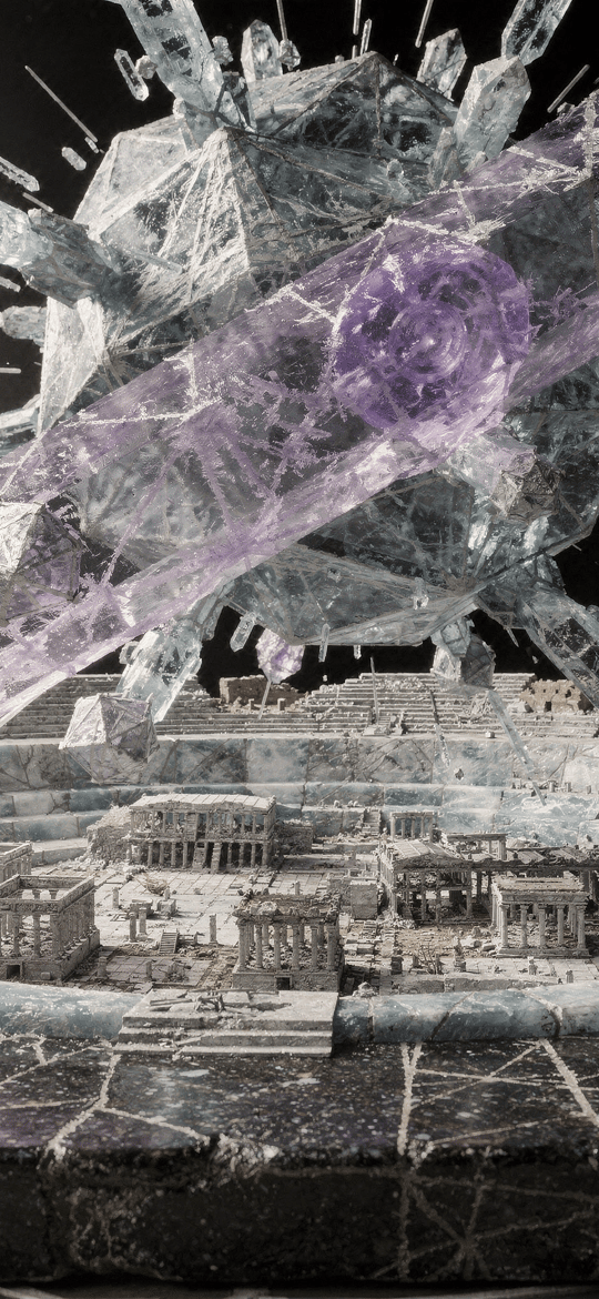 Shattering Purple Crystals Over Ancient Ruins