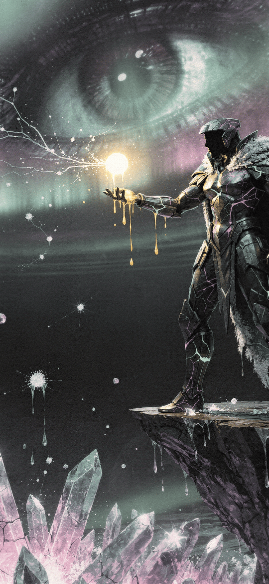 Armored Warrior Holding Glowing Orb Under Eye