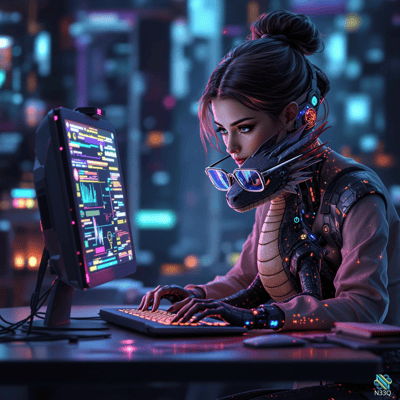 Cybernetic Dragon Woman Coding at Night