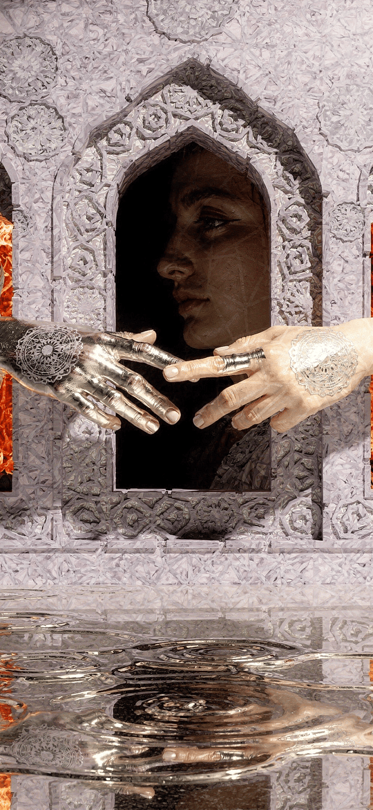 Woman in a Stone Arch Between Flaming Windows