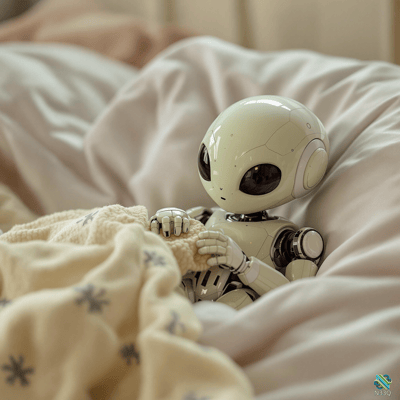 Small White Alien Robot in Bed