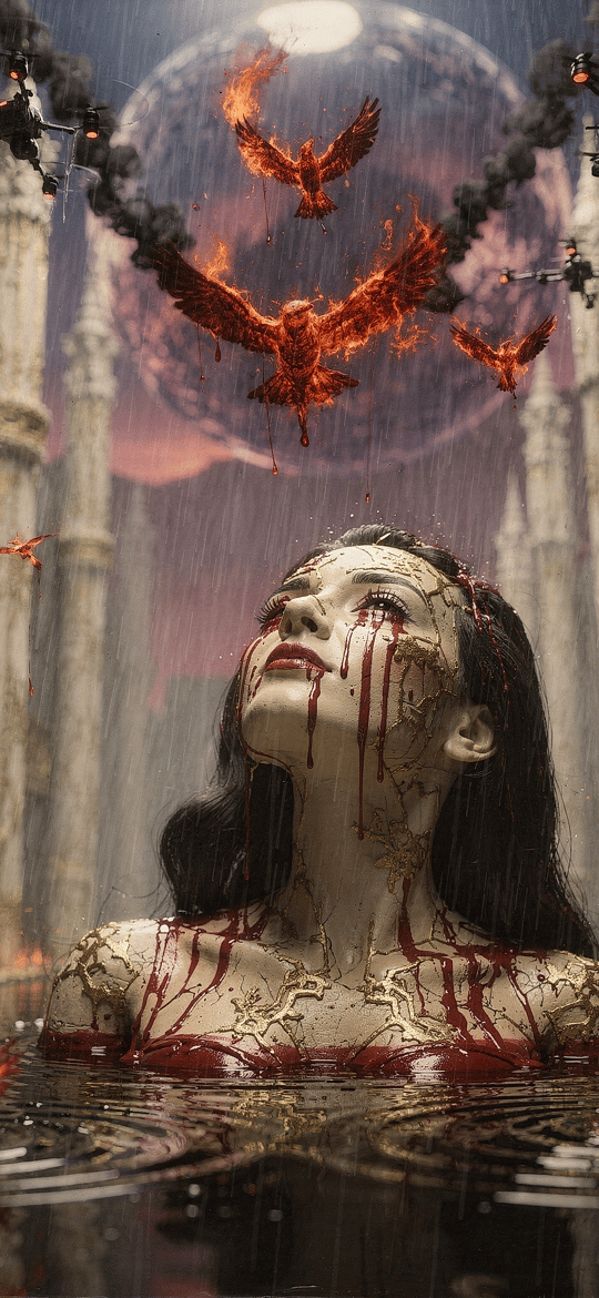 Cracked Woman in Flooded Temple Ruins