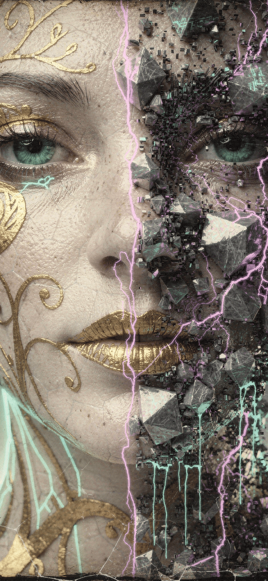 Woman's Face Split by Gold and Shatter