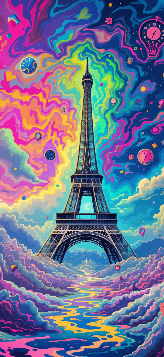 Eiffel Tower Amidst Swirling Neon Clouds