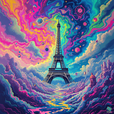 Eiffel Tower Amidst Swirling Neon Clouds