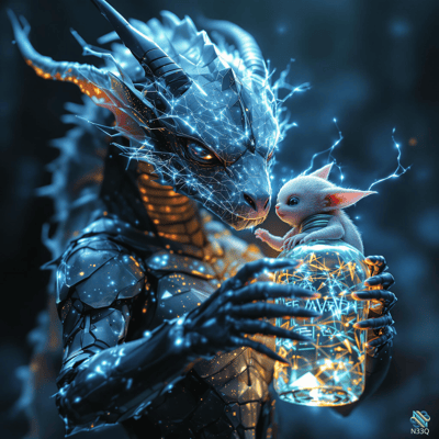 Dragon Holding Small Creature and Glowing Jar