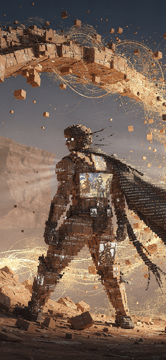 Disintegrating Voxel Warrior in Desert Ruins