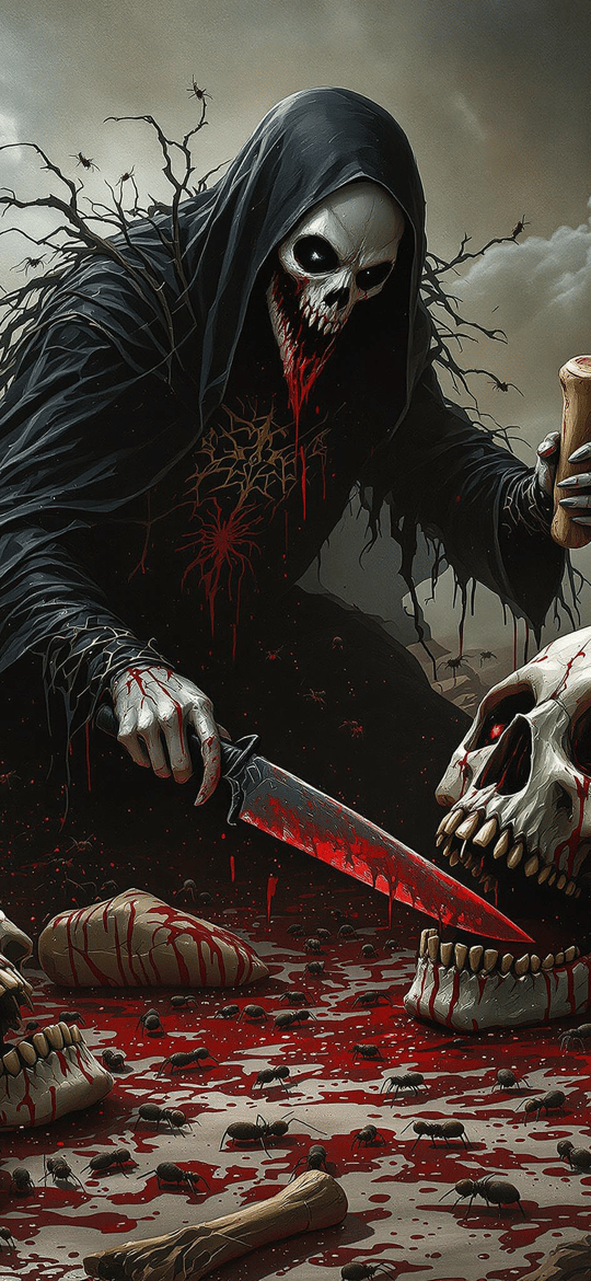 Grim Reaper Among Bloodied Skulls and Bones
