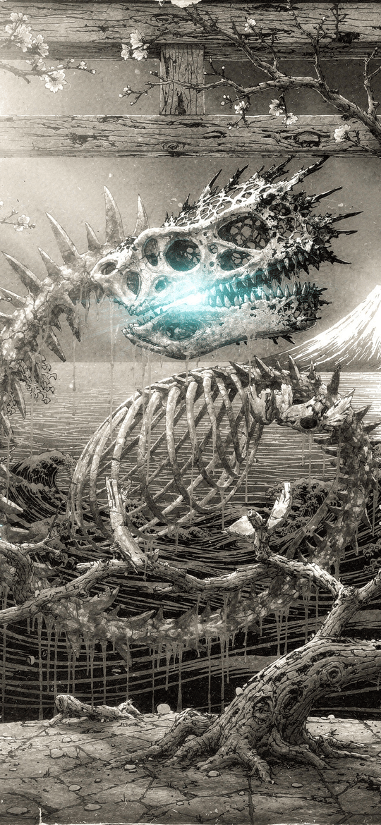Glowing Skeletal Dragon in Torii Frame