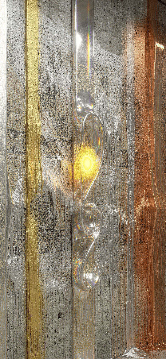 Gold and Copper Strips with a Glowing Glass Coil on Stone