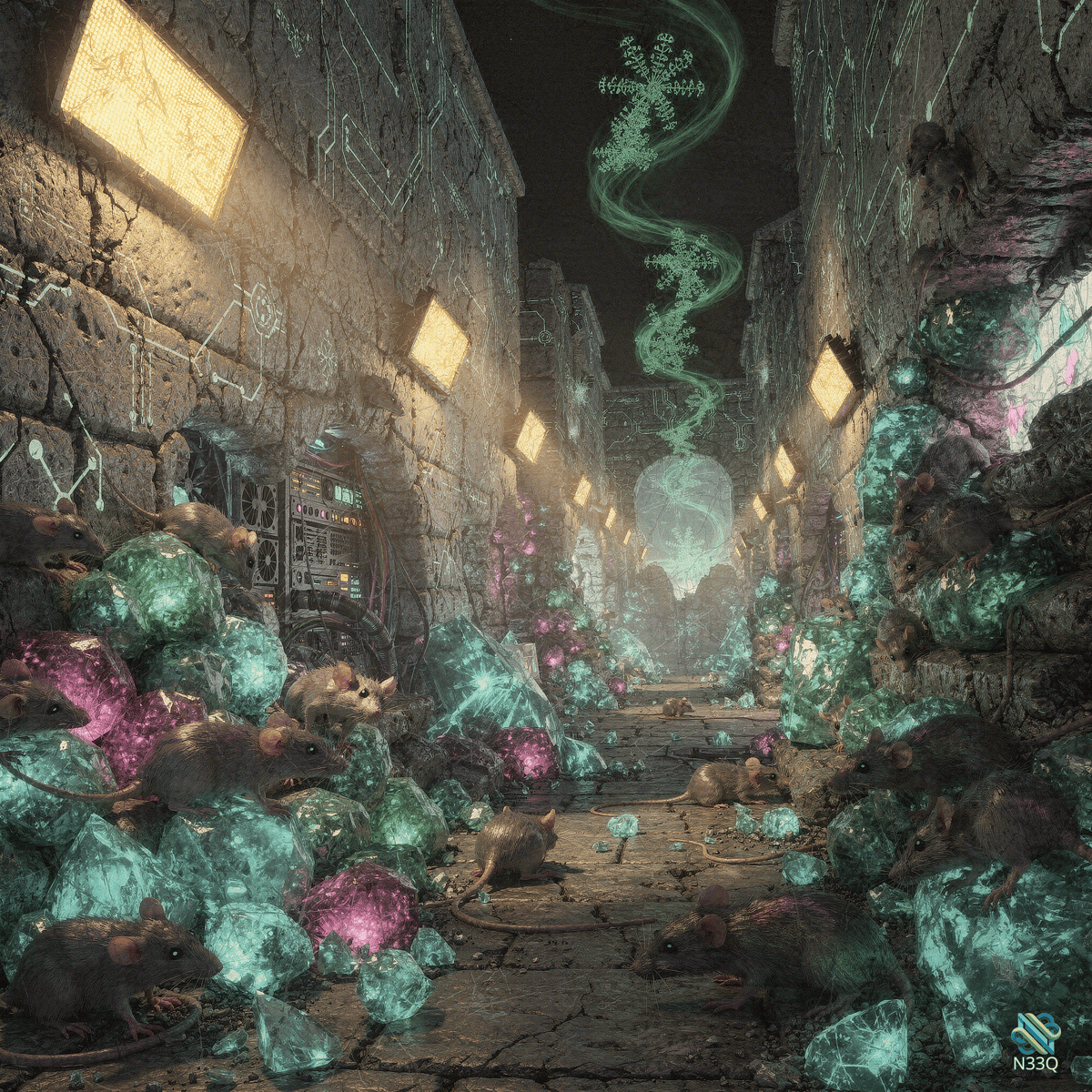 Rats Amidst Glowing Crystals in Dark Alley