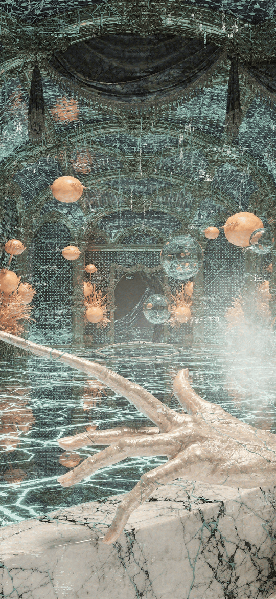 Marble Hand Reaching in Cracked Ballroom