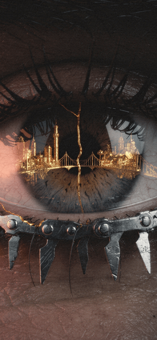 Golden City Reflected in an Eye Above Metal Spikes