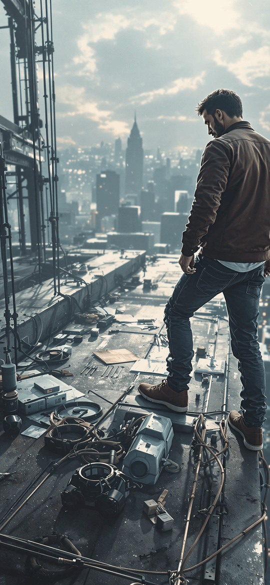 Man on Rooftop Edge Overlooking City Skyline