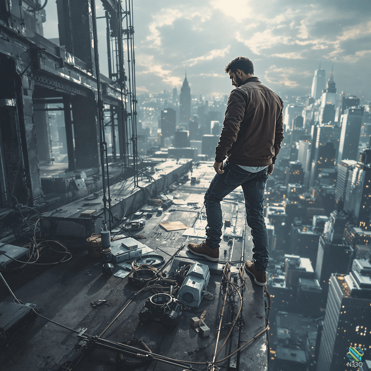 Man on Rooftop Edge Overlooking City Skyline