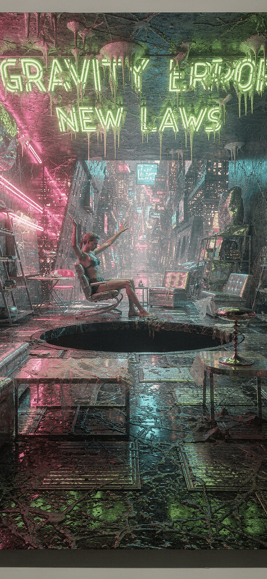 Woman Levitating in Neon Gravity Lounge