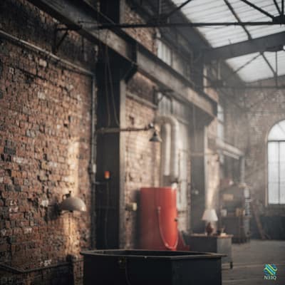 Industrial Factory Interior with Red Tank