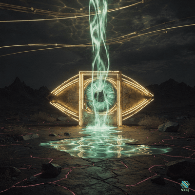 Neon Eye Portal Over Cracked Desert