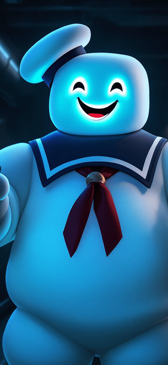 Glowing Marshmallow Man Holding Gun and Doll