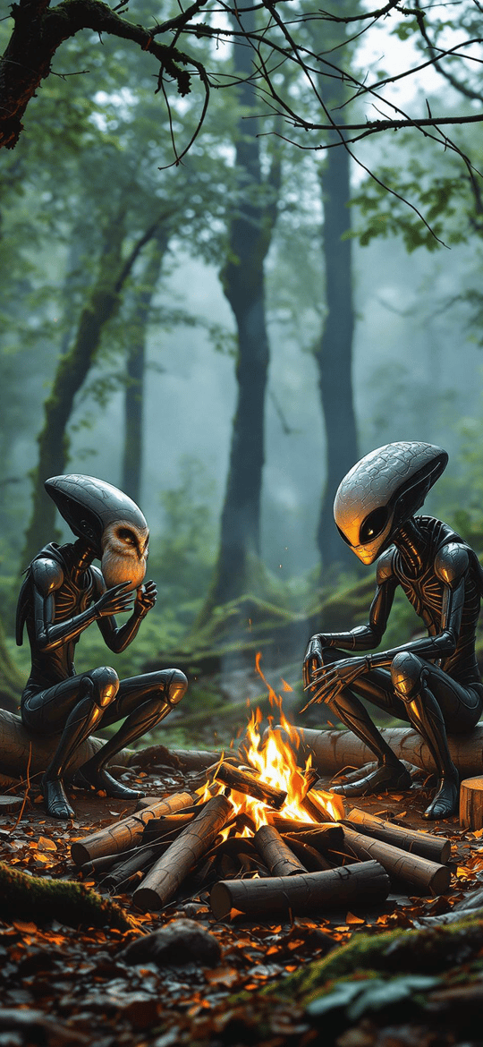 Two Grey Aliens by Forest Campfire