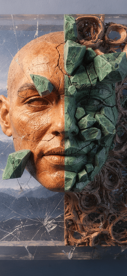 Face Split into Skin, Green Stone and Copper Coils