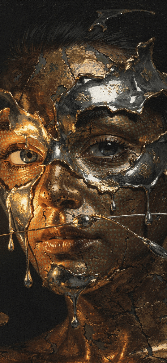 Cracked Gold Face with a Melting Silver Mask by Candlelight