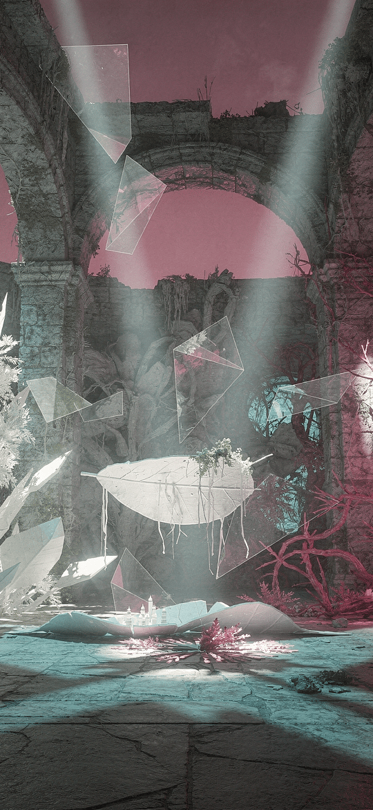 Ruined Stone Arches with Pink Roots and Pale Plants