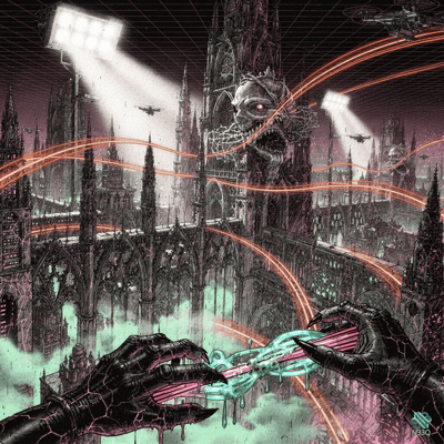 Cybernetic Hands Grasping Neon Circuit in Gothic City