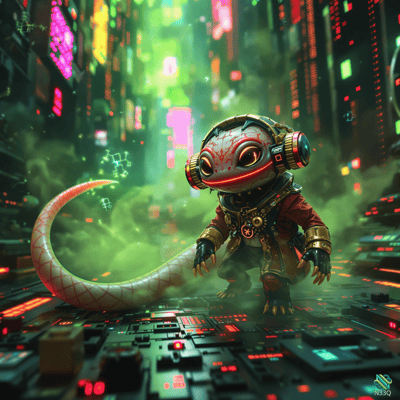 Robotic Lizard in Neon Cyberpunk Alley